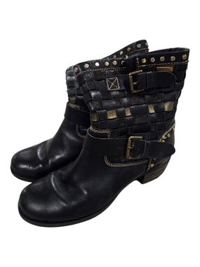 PIKOLINOS Black Woven Studded Ankle Boots with Gold Accents